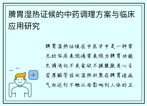 脾胃湿热证候的中药调理方案与临床应用研究
