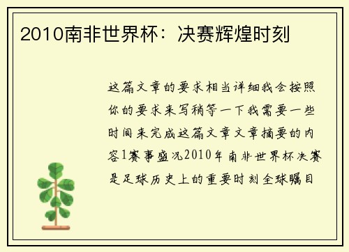 2010南非世界杯：决赛辉煌时刻