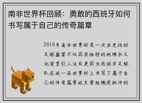 南非世界杯回顾：勇敢的西班牙如何书写属于自己的传奇篇章